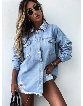 

2020 Women Long Denim Jackets Coat Autumn Winter Turn Down Collar Oversized Longline Hole Ripped Boyfriend Denim Jacket Outwear