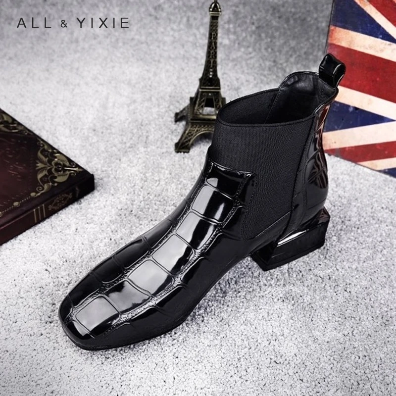 

2019 Fashion Women Boots Shiny PU Leather Spring Autumn Shoes Woman Spuare Block Heels Elastic Ankle Boots Female Botas Mujer