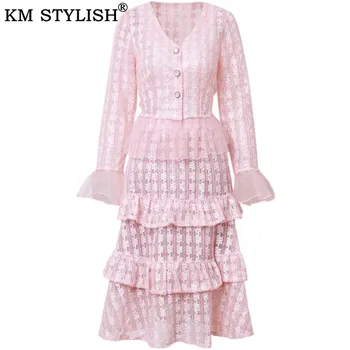 

Pink Two Piece Set Women's 2019 Autumn New Flare Long Sleeve Mesh V-neck Ruffled Top + High Waist Pleated Lace Skirt Suit Female