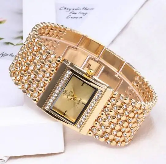 

Rhinestone Gold Wat c h Women Stainless Quartz Square C