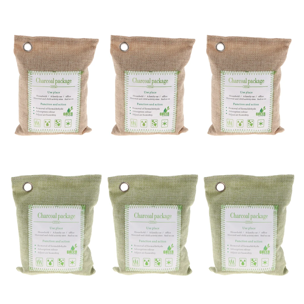 200g Bamboo Charcoal Air Purifying Bag (6 Pack), Car Air Freshener, Closet Air Purifier, Home Air Freshener - Green + Beige