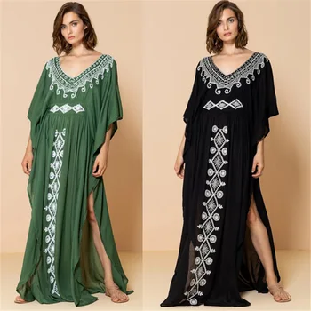 

Ladies Embroidery Kaftan Robe Black Maxi Beach Dress Cotton Bikini Cover up Saida de Praia Swimsuit Women Oversized Pareo Sarong