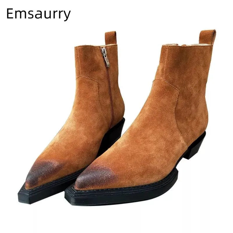 

Brown Matte Leather Boots Women Point Toe Thick Bottom Botines Side Zip Archaistic Colors British Retro Martin Boot Mujer 2020