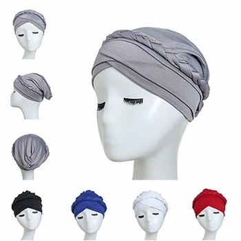 

Summer Muslim Headgear Milk Silk Pure Monochromatic Half-sided braid hijab headscarf