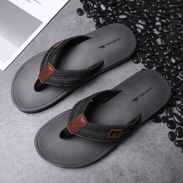 Summer Mixed Color Bathroom Slipper Classic Men Flip Flops Handmade Sewing Male Sandals Breathable Flip Flops For Men Household Gray