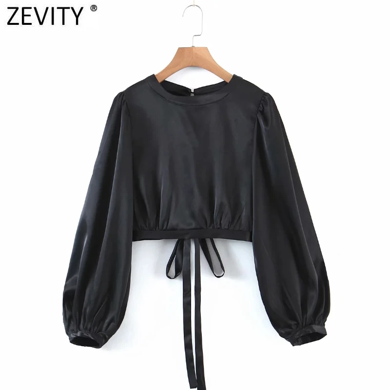 Zevity 2021 Women Fashion O Neck Solid Black Short Smock Blouse Femme Sexy Backless Kimono Shirt Chic Lace Up Blusas Tops LS7669