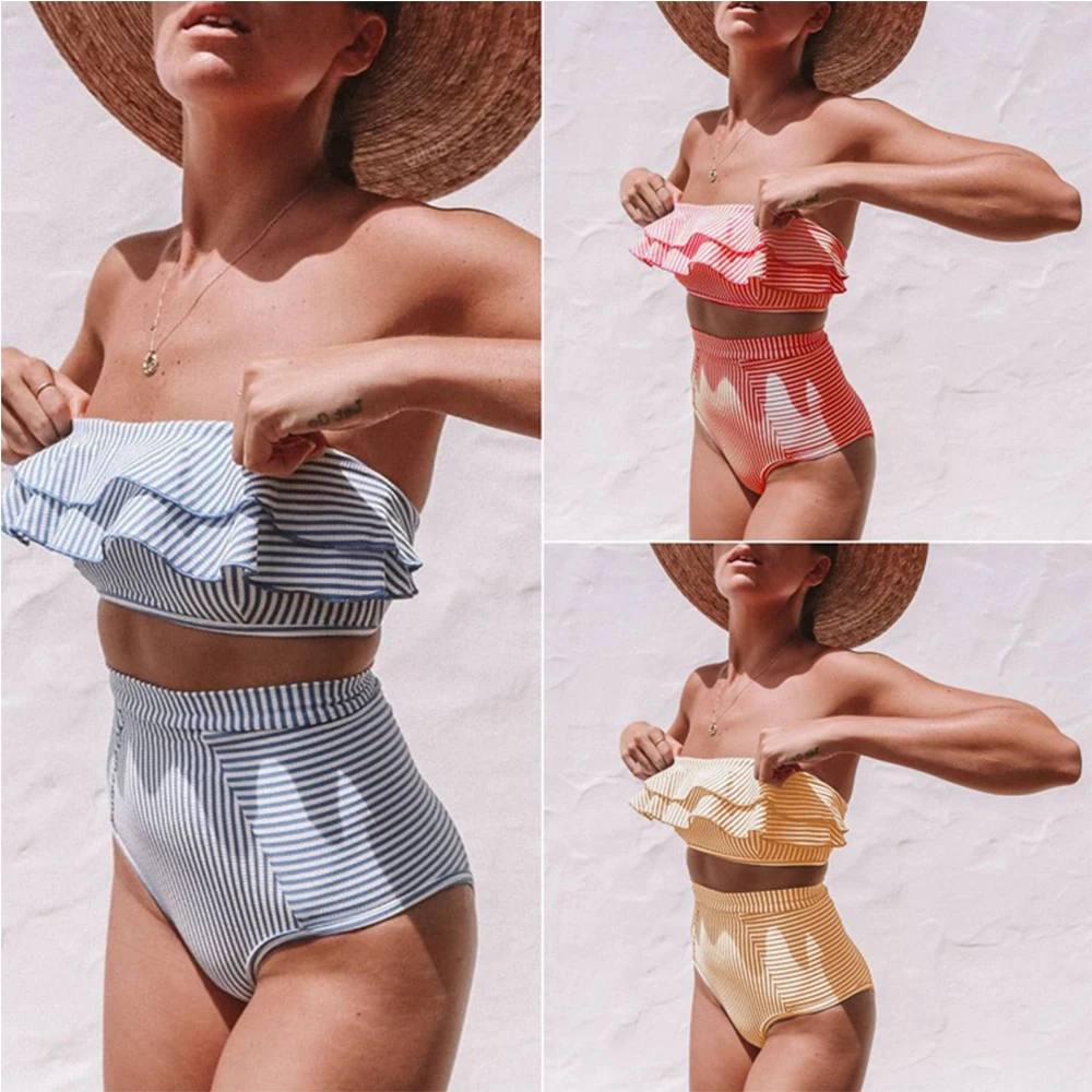 

Sexy Bikinis High Waist Swimsuit 2019 New Irregular Ruffle Bikini Set Women Swimwear Push Up Bandeau Stripe Beach Bathing Suits