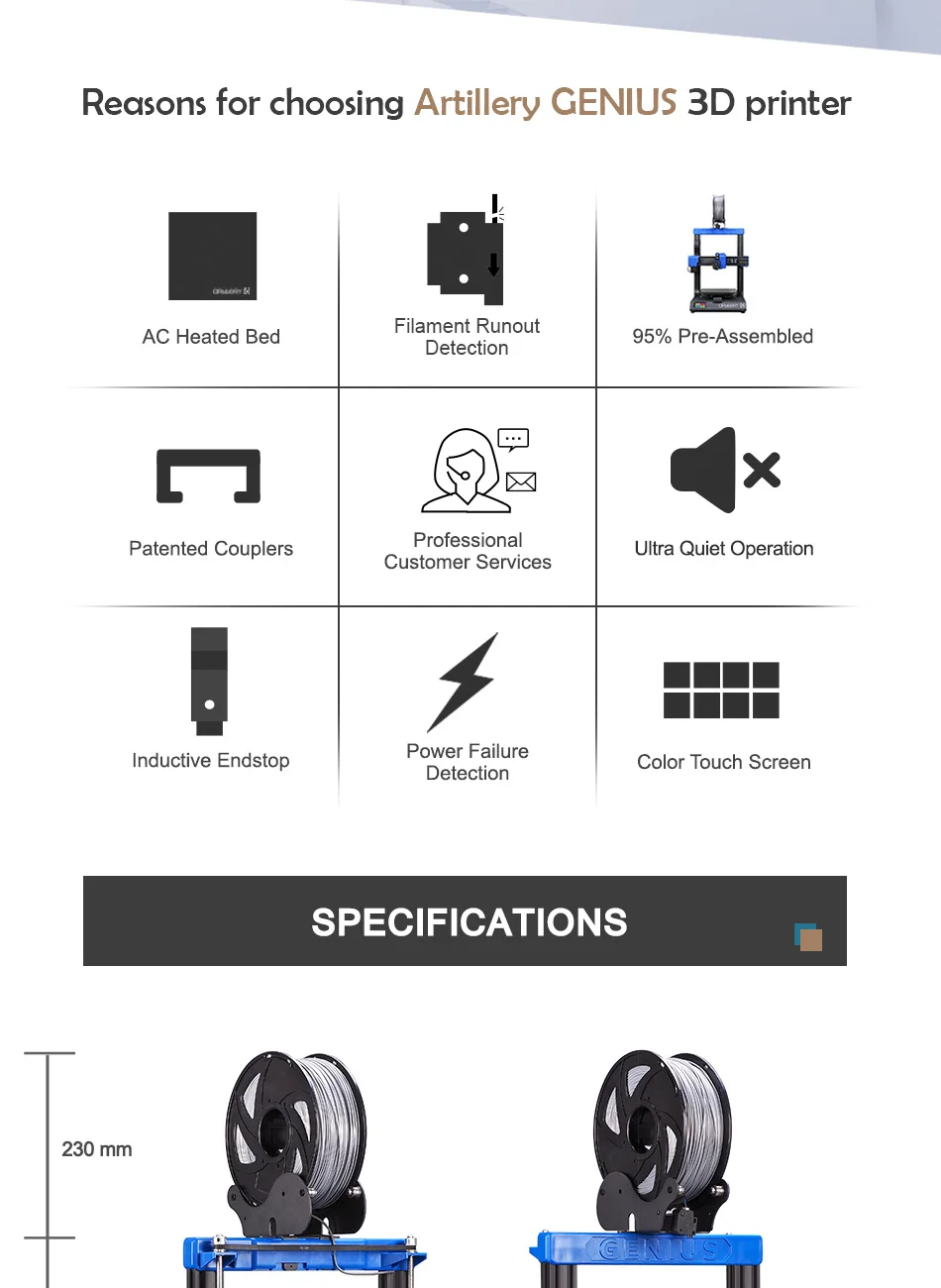 Artillery® Genius 3D Printer Kit 220*220*250mm Print Size with Ultra-Quiet Stepper Motor TFT Touch Screen Newest