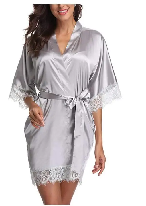 Hot White Women Silk Lace Robes Wedding Bridesmaid Bride Gown kimono Solid robe Sleepwear Nightgown Bridesmaid Robes size M-XL