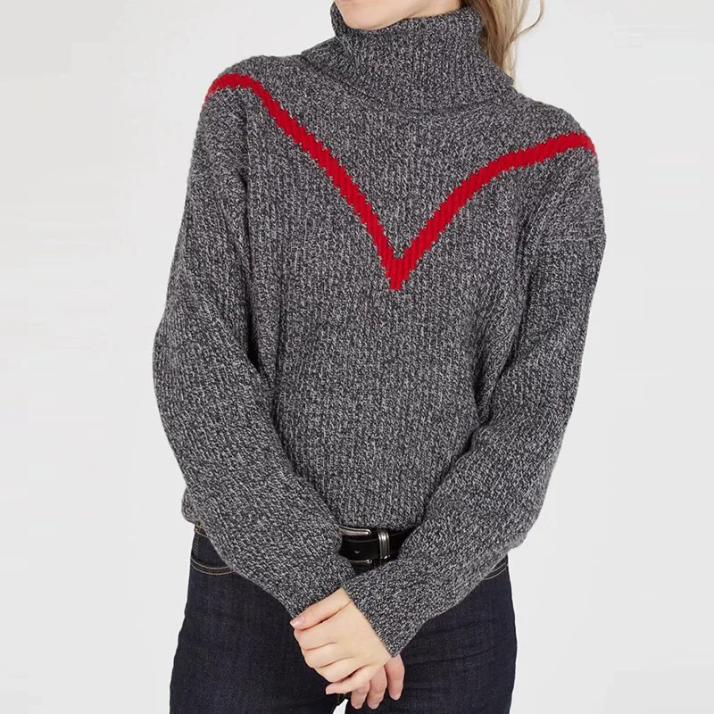 Женский свитер осень/зима с высоким v-образным вырезом контрастная ...