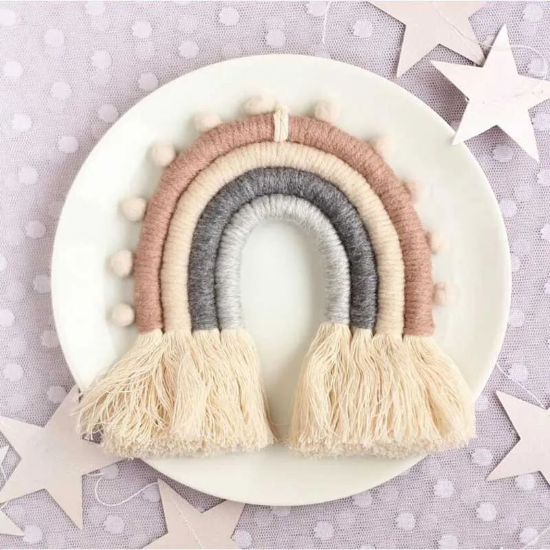 Nordic сделанная вручную с принтом Радуга орнамент Boho бахрома из мячиков детской