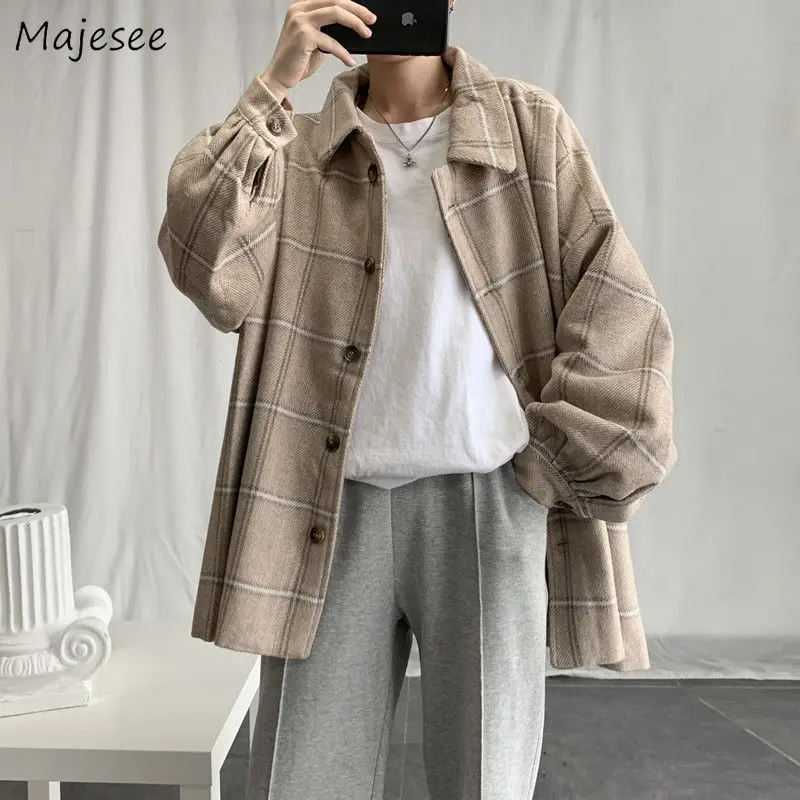 Blends Men Plaid Loose Coats Ulzzang Korean Style High Quality All-match Mens Casual Turn-Down Collar Outerwear Autumn Winter Blends Men Plaid Loose Coats Ulzzang Korean Style High Quality All-match Mens Casual Turn-Down Collar Outerwear Autumn Winter