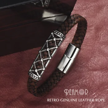 REAMOR Fashion Bracelets 2019 Retro Genuine Leather Stainless Steel Hollow Bead Bracelet Women Men Cuff Bangles Wholesale