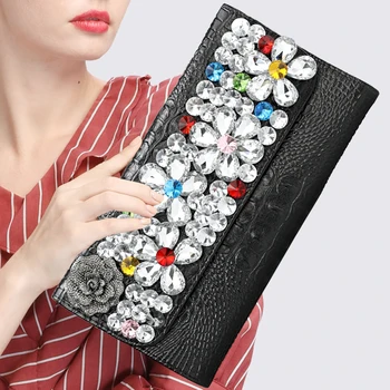 

Cowhide Leather Clutch Bags Crocodile Pattern Handbag Women Diamond Shoulder Cross-body Bag Bolsas Wristlet Party Purse