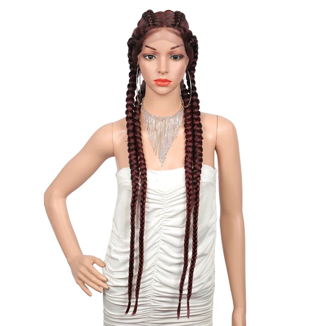 Olymei 35 Inches Braided Lace Front Wigs With Baby Hair Double Dutch Box Braided Twist Synthetic Braids Wig For Black Women 1B99JT