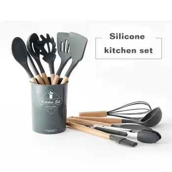 

11pcs/set Silicone Kitchenware Cookware Gadget Set Portable Non-stick Kitchen Cooking Utensils with Wooden Handle
