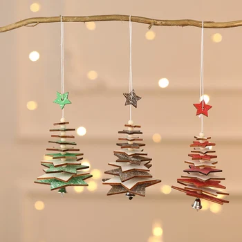 

Newly Wooden Five-Pointed Star Snowflake Christmas Tree Small Figurines String Ornaments Three-Dimensional TE889