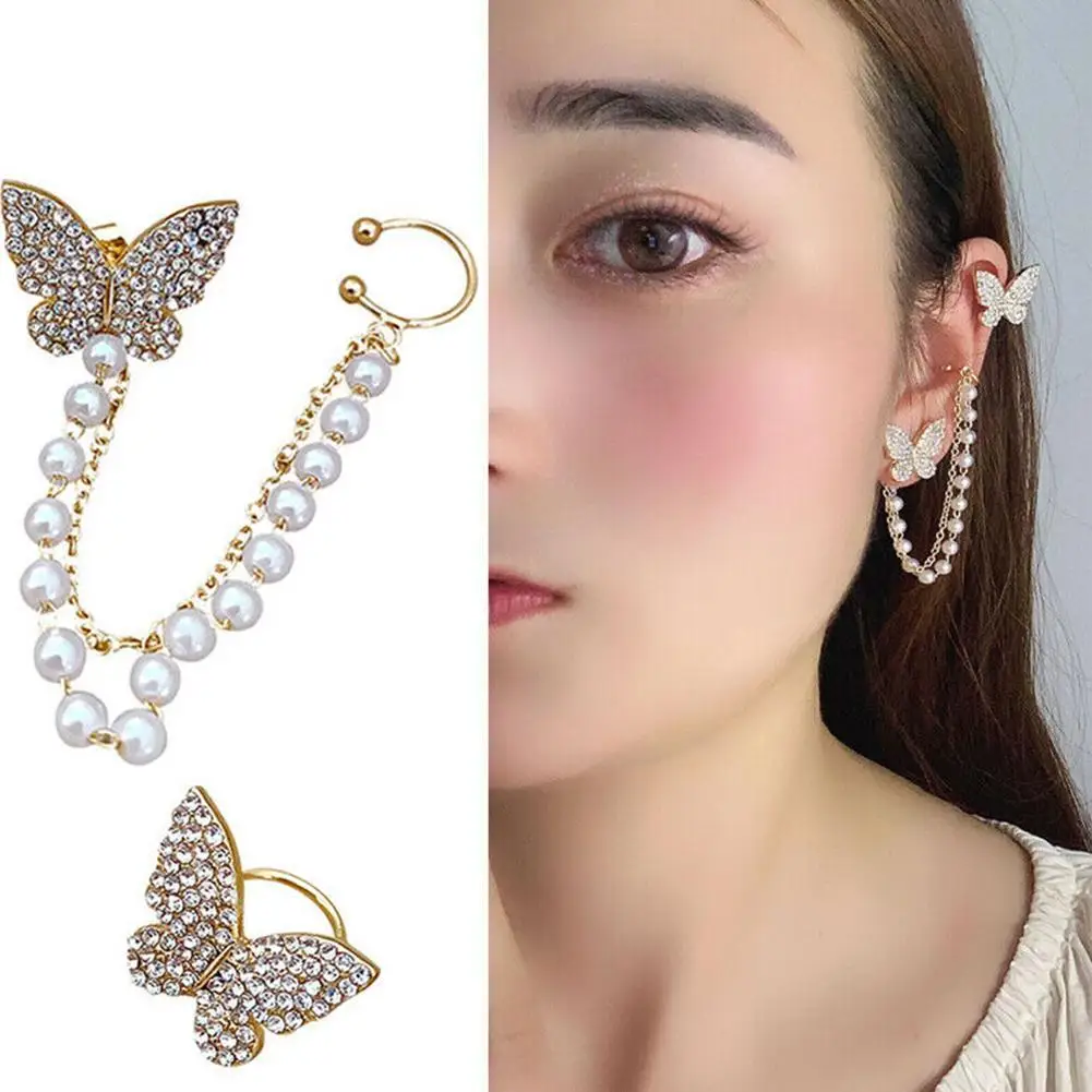 

Delicate Tiny Butterfly Stud With Chain Earrings Asymmetry Charm For Women Pearl Gift Earrings Ear Jewelry Clip Set X8S1