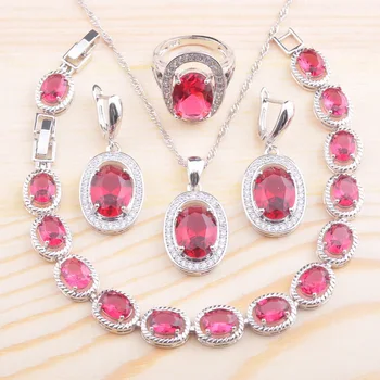 

2020 New Silver Color Jewelry Sets For Women Wedding Red Semi-preciou Bracelet Pendant Earrings Ring Brithday Gift QS0116