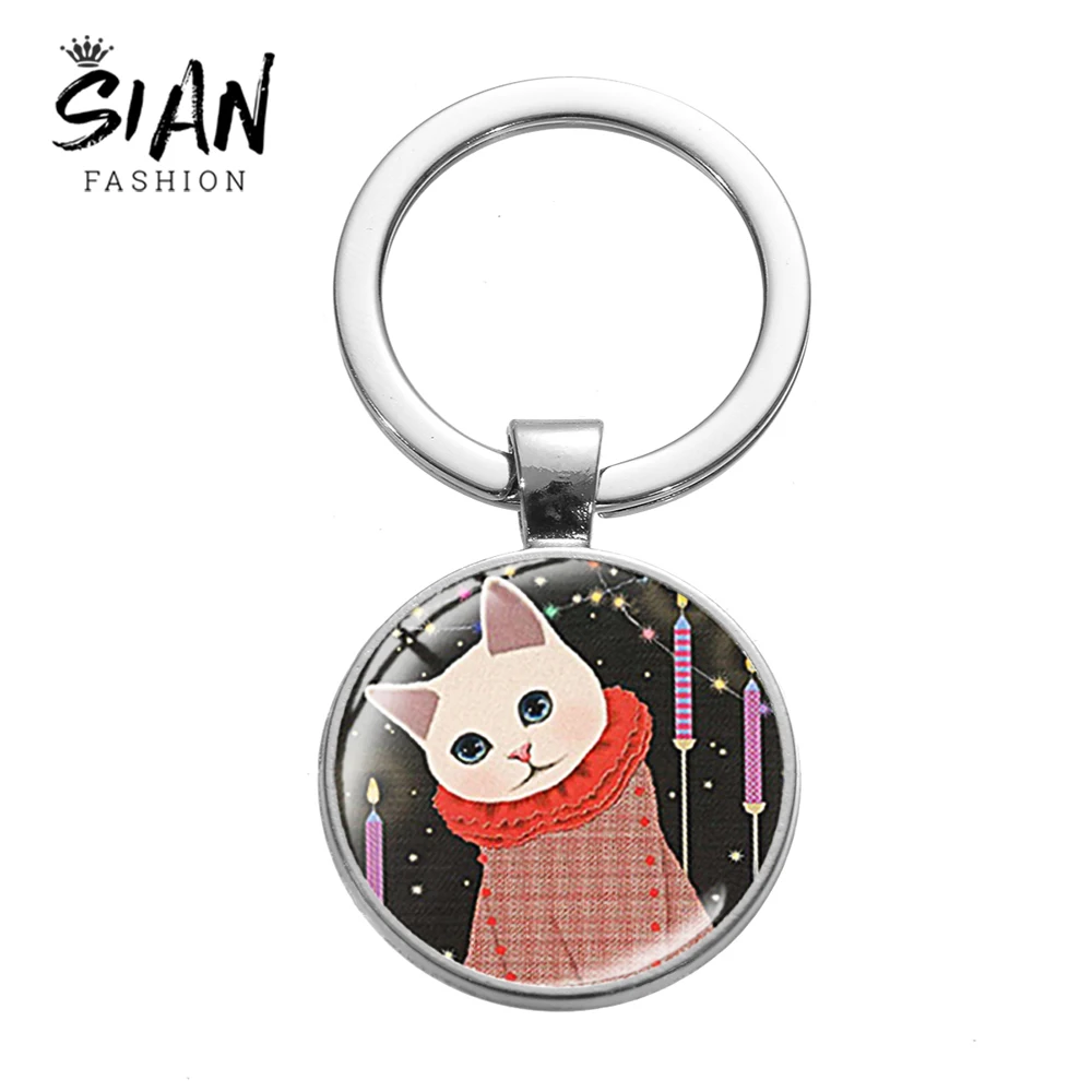 

SINA Fashion Cartoon Choo Choo Cat Key Chain Super Cute Kitten Glass Dome Art Picture Key Chain Women Girls Charm Christmas Gift