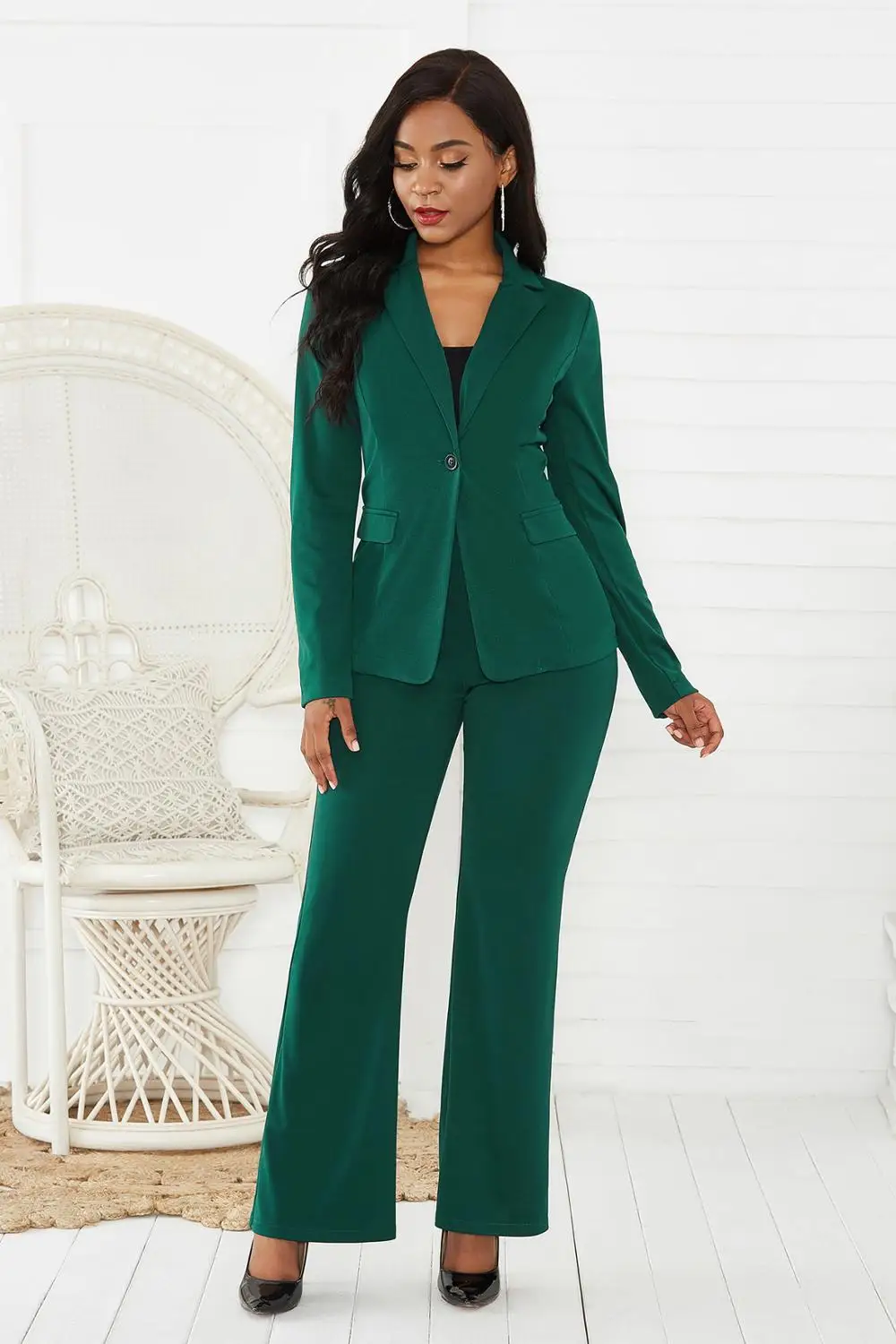 women's suit office two piece set long sleeve suit pants 2 piece set female winter two pieces sets office female green elegant