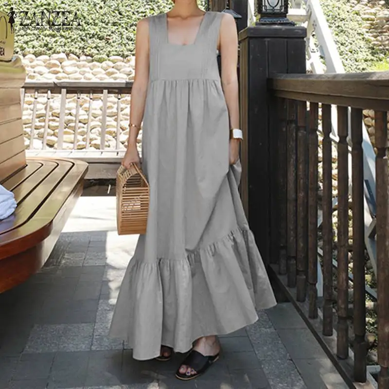 

ZANZEA Fashion Women Maxi Long Dress Summer Sleeveless Ruffles Hem Sundress Female Overalls Dress Solid Mermaid Vestido Sarafans