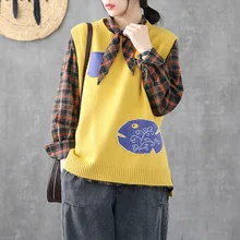 Сказочный натуральный Весенний простой комфортный женский пуловер свитер жилет Зимний Ретро Женский Повседневный жилет трикотажная одежда с круглым вырезом