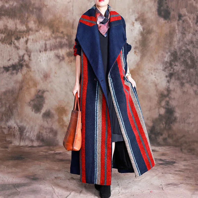 

Winter Large Size Women's Folk-Custom Retro Stripe Long Temperament Woolen Coat Thicken Knee-Length Clothes