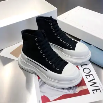 

Platform White Wedges Sneakers Women High Top Vulcanized Shoes Fashion Brand Flat Lace Up Canvas Shoes Casual Luxery Shoes Women