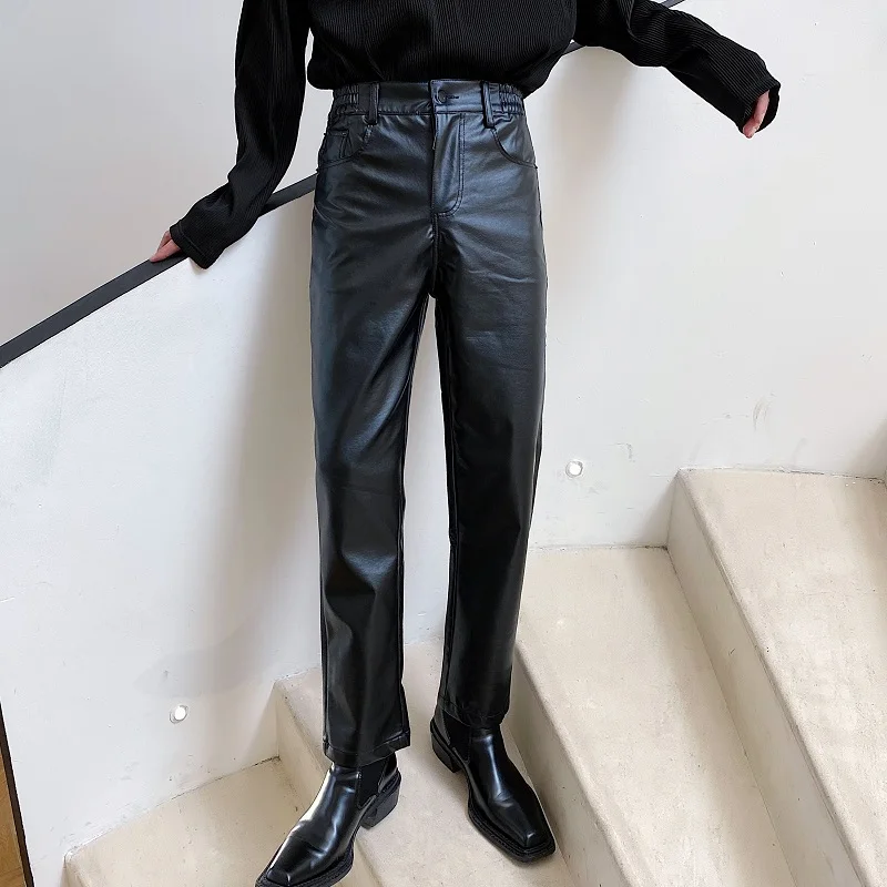 2020 Autumn New Men's Leather Pants Fashion Simple Design Ankle Length Straight Trousers Elastic Waist Windproof Cool Bottoms | Мужская