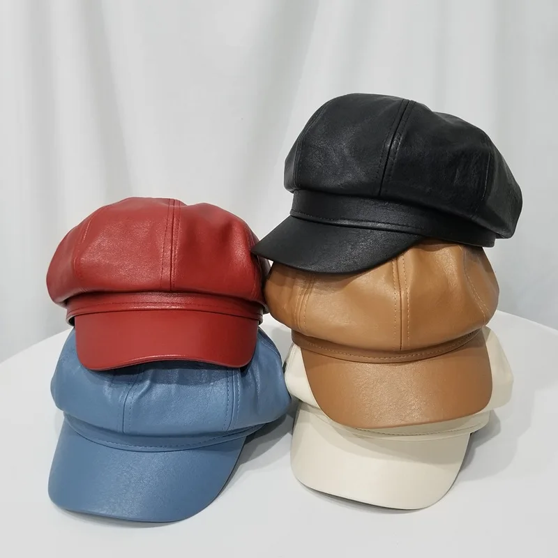 

High Quality Leather Cap Children Spring And Autumn Beret Hide Substance Octagonal Cap bei lei mao Casual Versatile Retro Englan