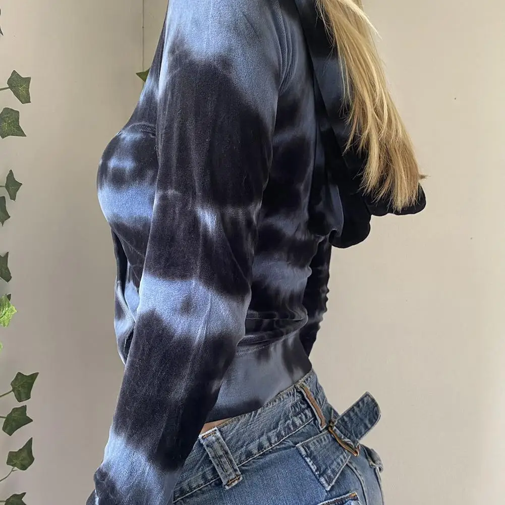 Autumn Tie Dye Sweatshirts Zip-up Long Sleeve Skinny Hoodies Y2K Crop Jacket Top Women Spring Clothes E-girl Gothic Streetwear 2