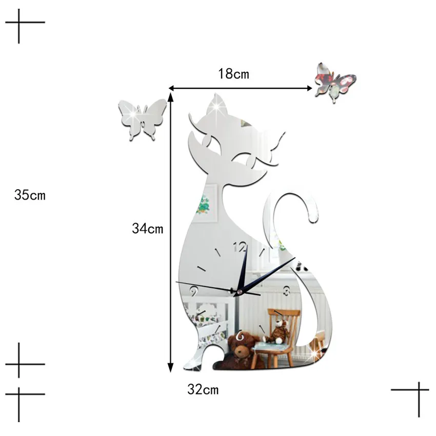 Acrylic Mirror Wall Clock Cartoon Cat Pointer Clock Watch Office Living Room Wall Mounted Clocks Decoration часы настенные