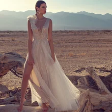 Sparkly A-Line Wedding Dresses Button Deep V-Neck Sleeveless Tulle Crystal Flower Exquisite Side Slit Sweep Train Robe De Mariée