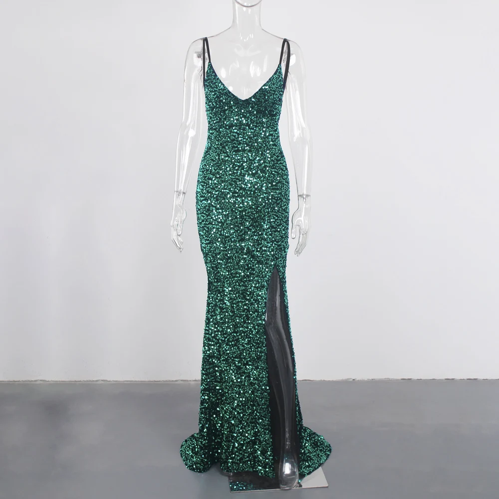 Shiny Green Deep V Neck Sequin Mermaid Maxi Dress Backless Stretch Split Front Sleeveless Open Back Evening Night Party Gown