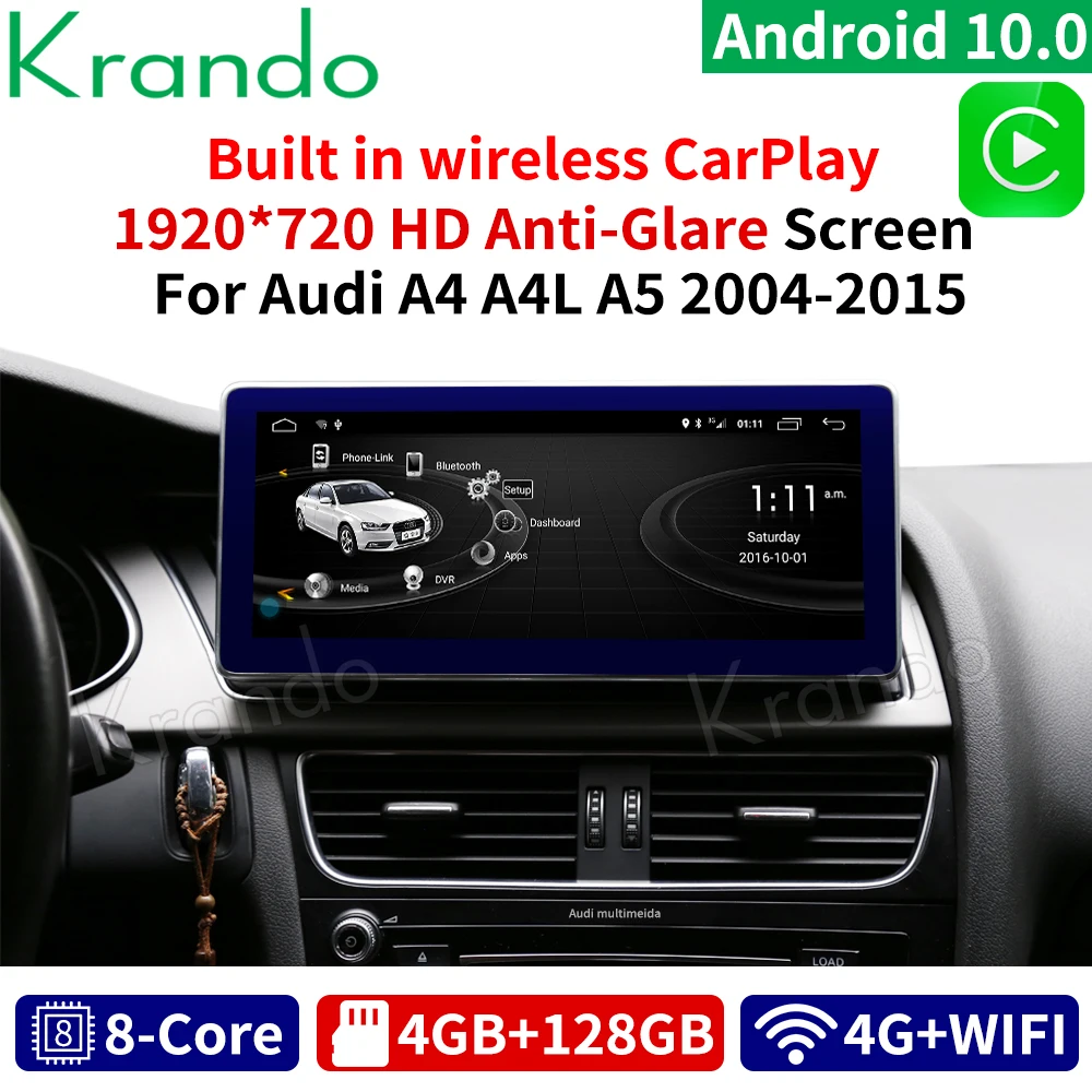 Krando Android 10.0 4G 128G 10.25'' IPS Screen Car Radio Player Navi for Audi A4 A4L A5 2009-2016 Audio GPS Wireless Carplay