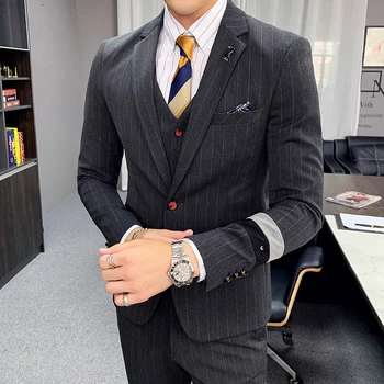 

Plyesxale Brand Fashion Striped Groom Wedding Tuxedo For Men Casual Business Suit 3 PCS Men's Formal Suits Black Dark Gray Q895