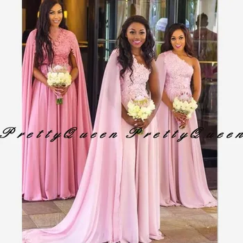 

2020 Lace Long Bridesmaid Dresses With Streamer One Shoulder V Neck A Line Vestidos Prom Dress Wedding Party Gown