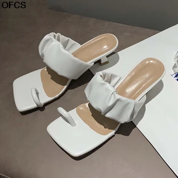 

Summer Women Slippers Fashion Vintage Square Toe Clip Toe Flip Flops Pleated Leather Sandals Low Heel Ladies Party Dance Shoes