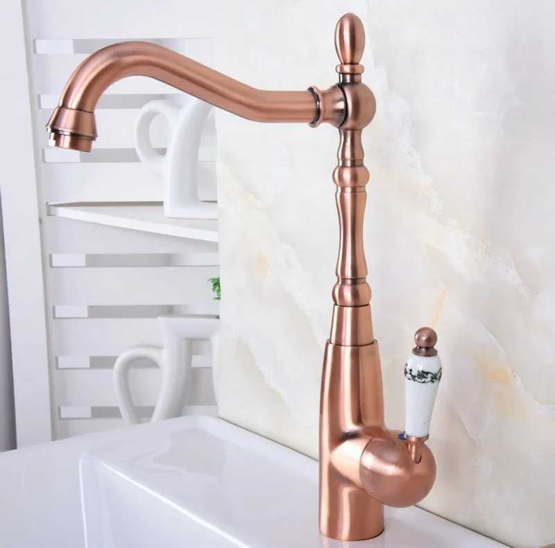 Antique Red Copper Kitchen Sink Faucet Washbasin Faucets Ceramic Lever Cold & Hot Water Mixer Bathroom Taps Deck Mounted Lnf632