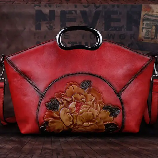 

Vintage Handmade Bag Embossed Leather Women's Bag Ethnic Style Leather Handbag Leather Shoulder Bag Shell Bag