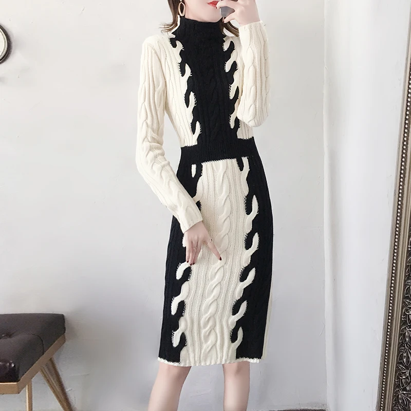 

Top Quality 2019 Autumn Winter Knit Dress Women Elegant Thick Turtleneck Dresses Female Hip Package Office Work Dress Female