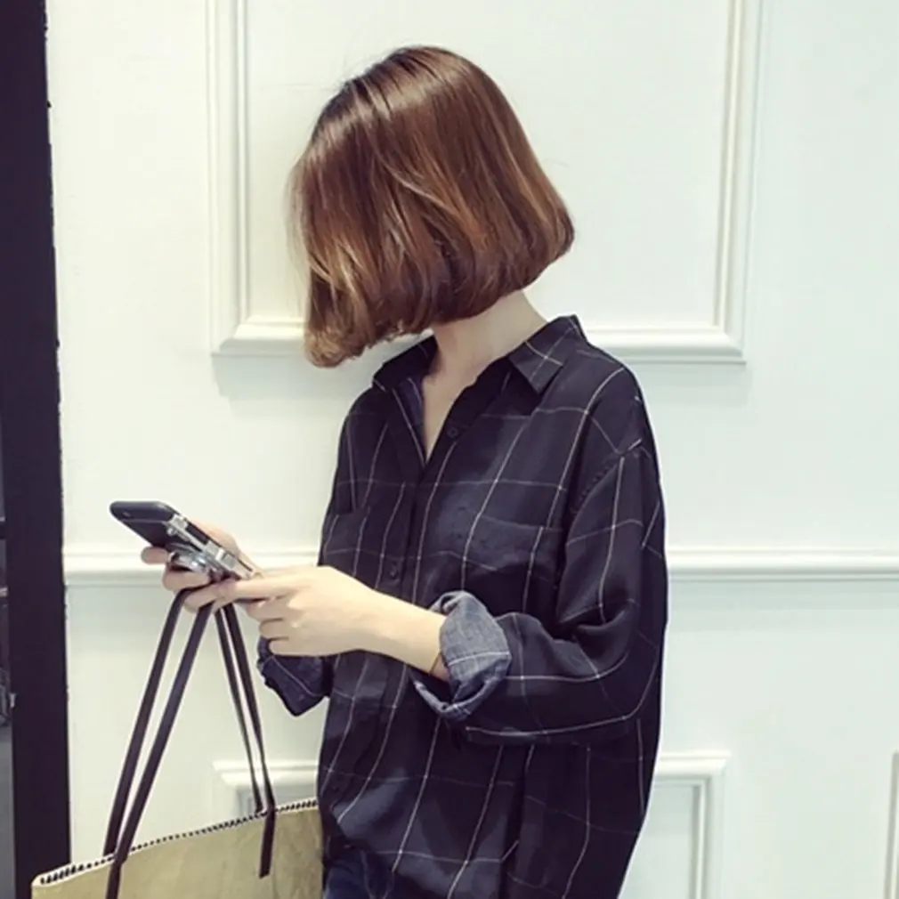 Fashion Women Blouse Turndown Collar Long Sleeve Vintage Plaid Shirt Plus Size Loose Casual Female Tops All-match 2