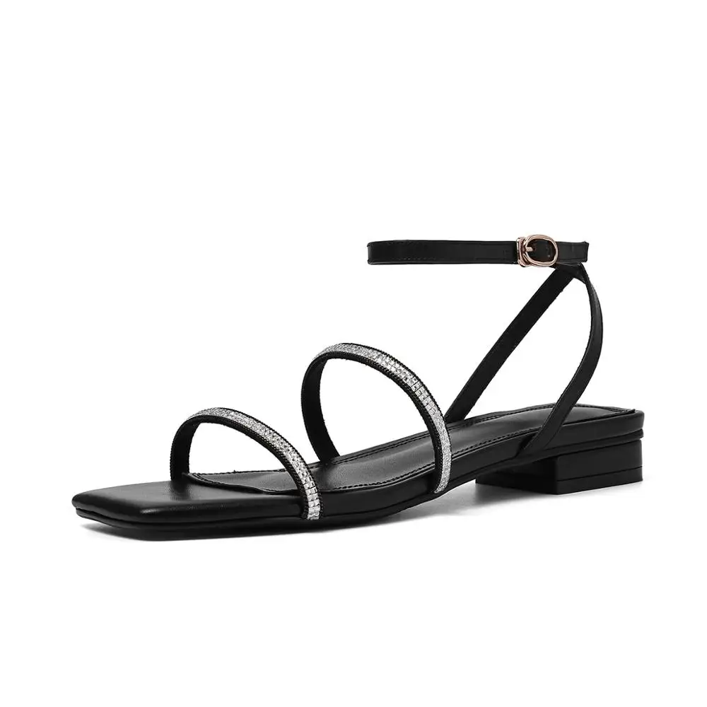 

Women's genuine leather anklestrap crystal narrowband summer flats sandals open toe soft comfortable black female casual shoes