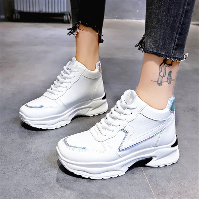 

Elevator WOMEN'S Shoes 2019 Autumn White Platform Thick Bottomed PU Leather Dad Shoes Students Casual Lace-up Athletic Shoes