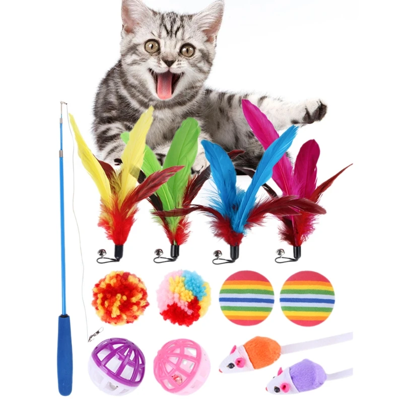 13Pcs Teaser Wand Feather Toys Fuzzy Bell EVA Ball Fluffy Mice Kitten ...