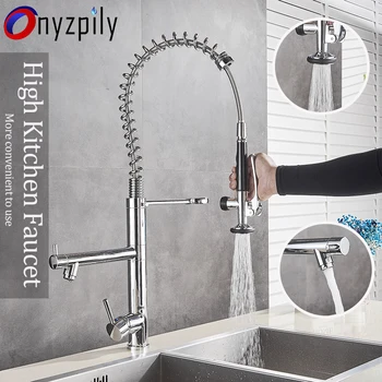 

Bright Chrome Spring Pull Down High Kitchen Faucet Hands Sprayer Head with Lock Hot cold Water Kitchen Mixer Tap Swivel Spout