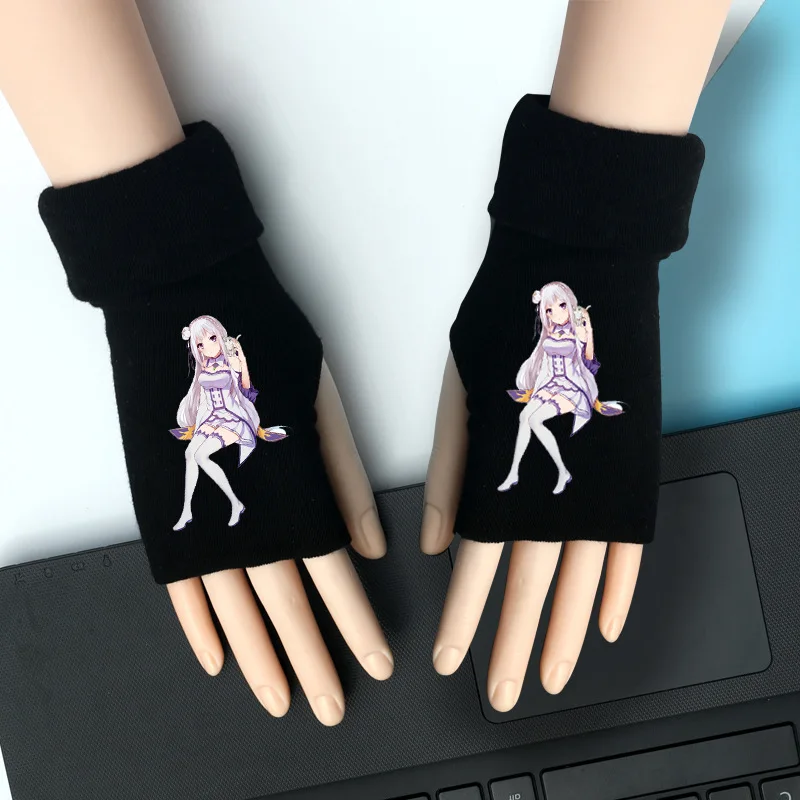 Re Life In A Different World Rem Ram Knitting Gloves Cotton Warm Half Finger Wrist Mittens Cosplay Prop Accessories Gift Winter