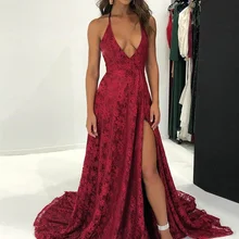 Новинка, сексуальное платье для выпускного, а-силуэт, глубокий v-образный вырез, со шлейфом, с разрезом, темно-красное, кружевное, с открытой спиной, вечерние платья