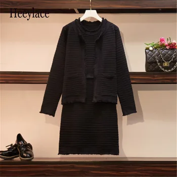 

plus size sweater coat +knitted mini dress set winter long sleeve fat mm two piece set for women fashion black autumn outfits